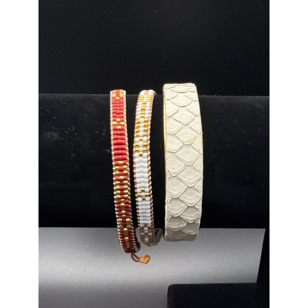 Roxanne Assoulin Seed Bead Bracelets & Snakeskin Texture Cuff Set Gold Tone 3pc